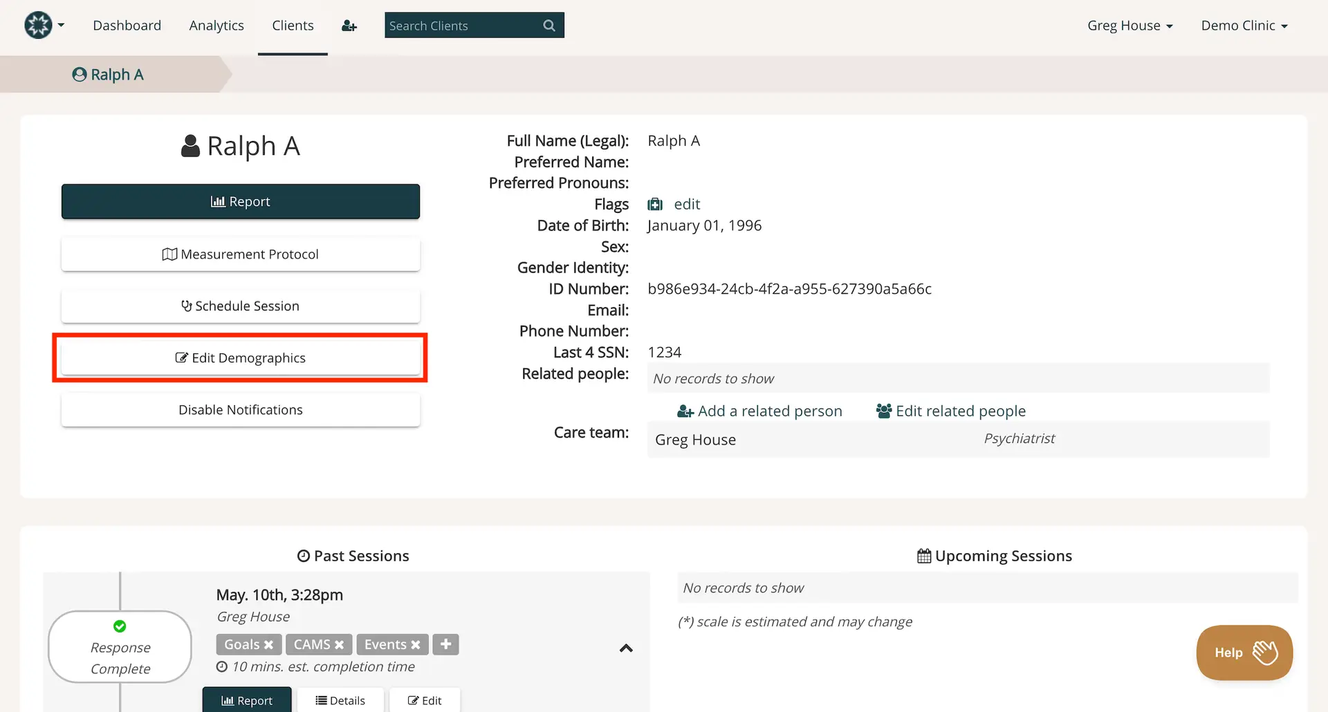 Mirah Measurement-Based Care patient profile screen for Ralph A, showing personal details, care team, and session information.