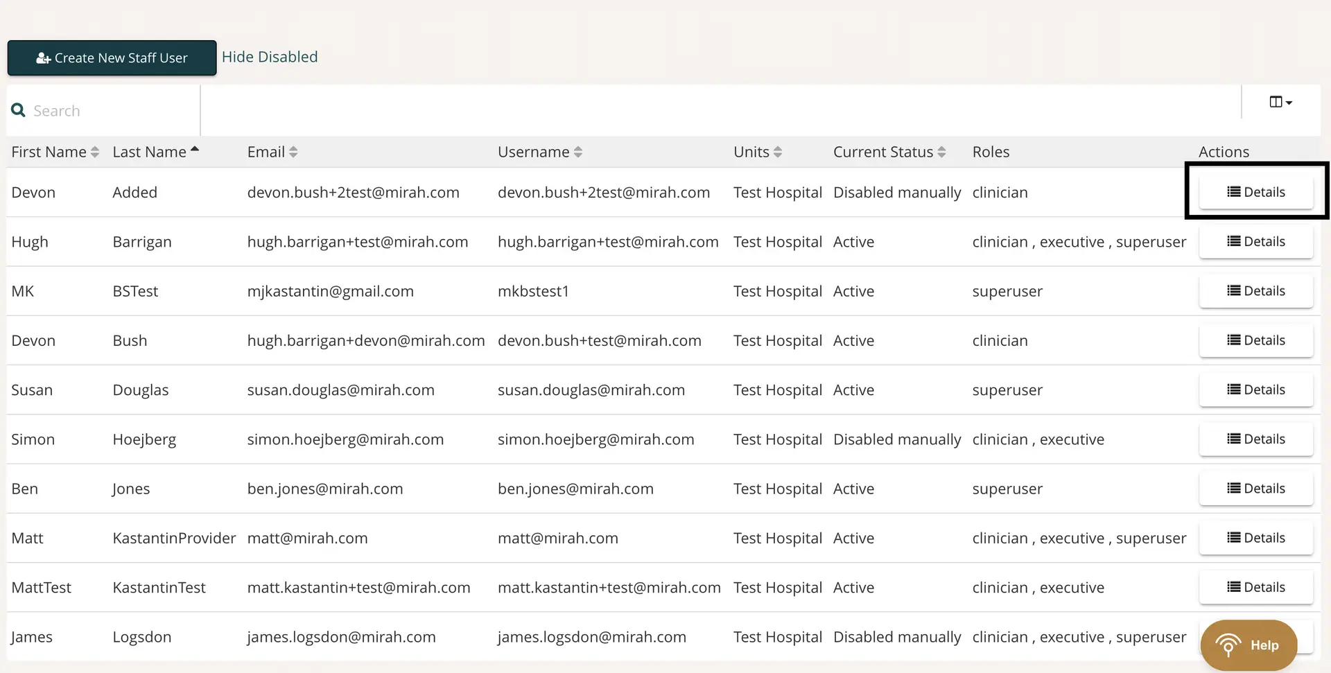Mirah Measurement-Based Care user management screen showing a list of users with options to create new staff user and hide disabled users.