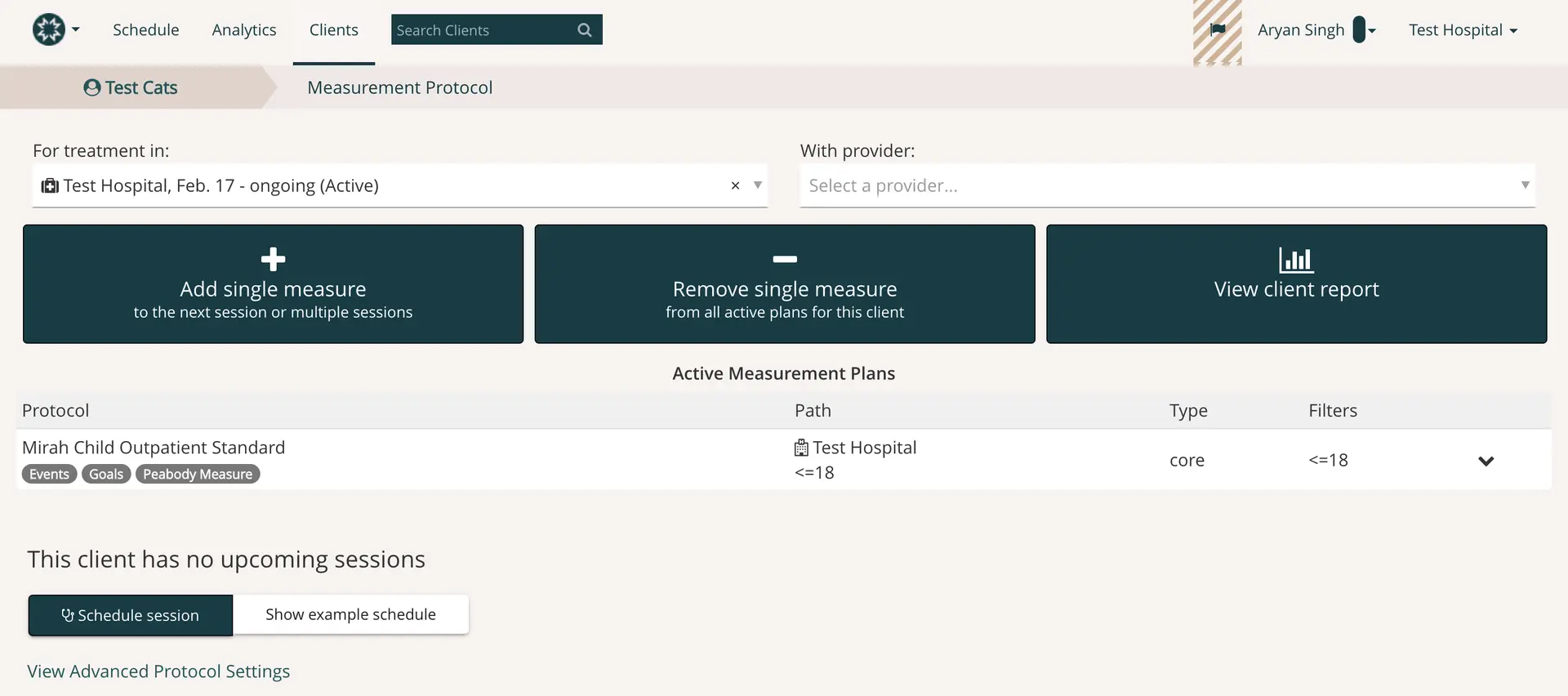 Mirah Measurement Protocol page for Test Cats client at Test Hospital