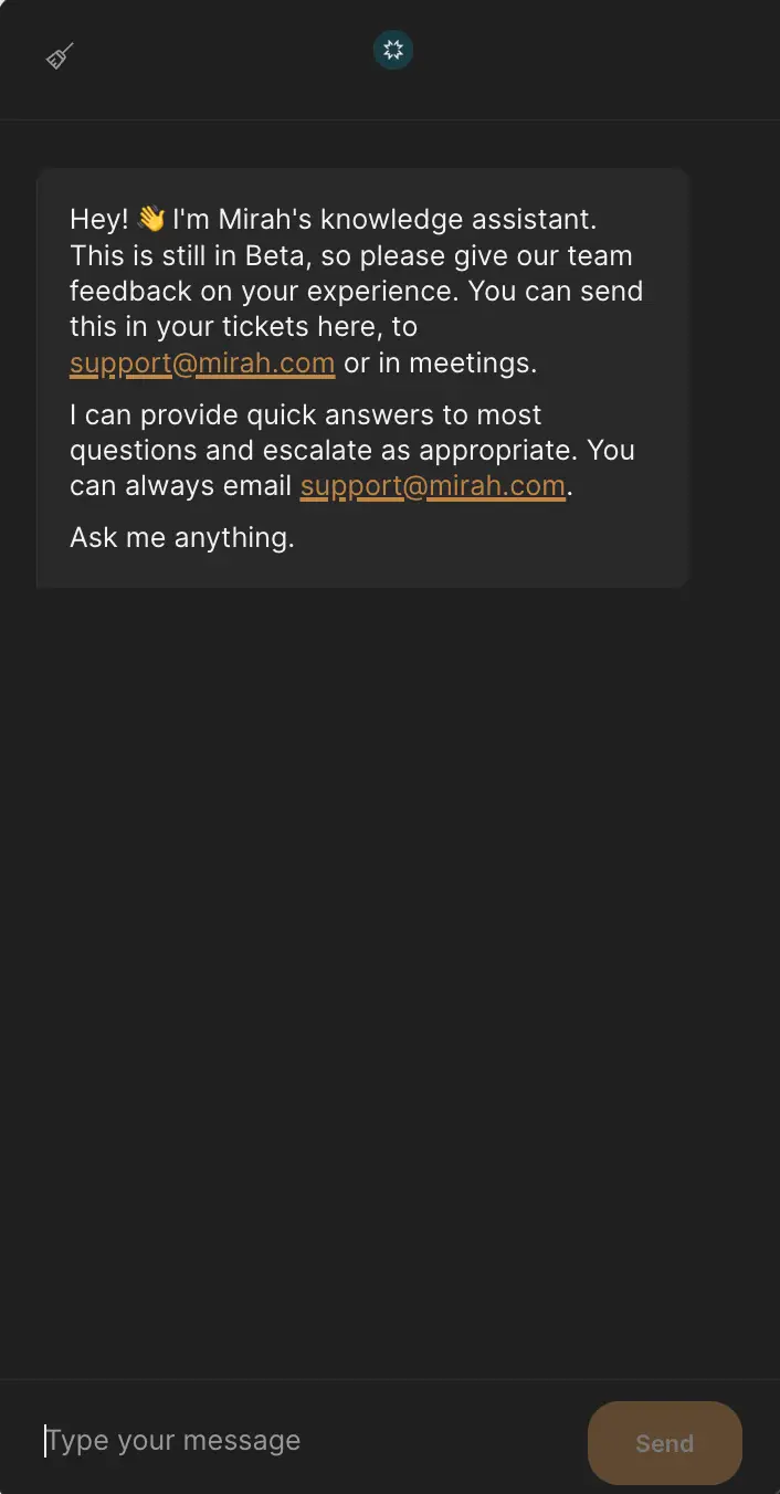 Mirah Measurement-Based Care knowledge assistant chat interface in Beta.