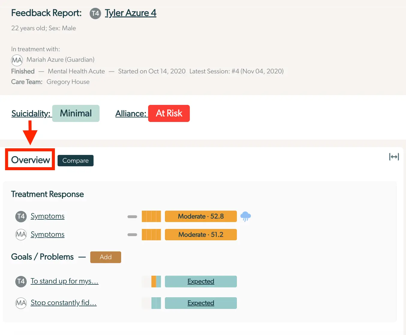 Enhanced Feedback Report for Tyler Azure 4, Overview tab showing treatment response and goals/problems.
