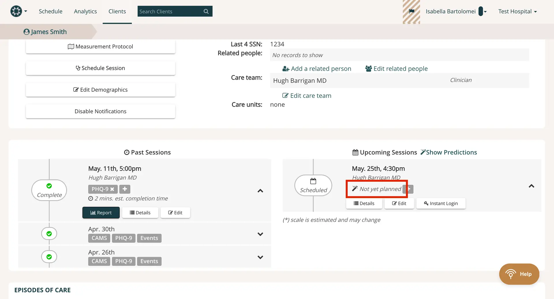 Mirah Measurement-Based Care client management screen for James Smith showing past and upcoming sessions with options to show predictions.