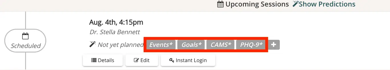 Mirah Measurement-Based Care Upcoming Session with Dr. Stella Bennett on August 4th at 4:15 pm, showing Events, Goals, CAMS, PHQ-9 options.