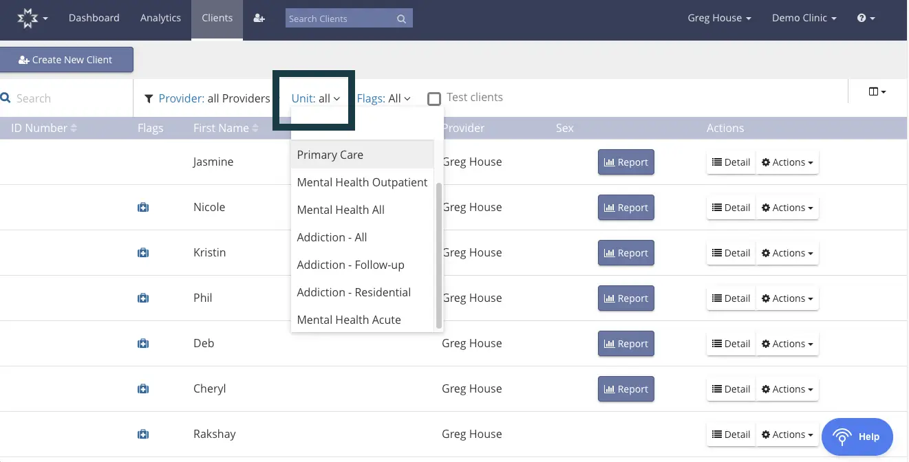 Mirah Measurement-Based Care Clients tab showing patients assigned to a unit with filters and actions.
