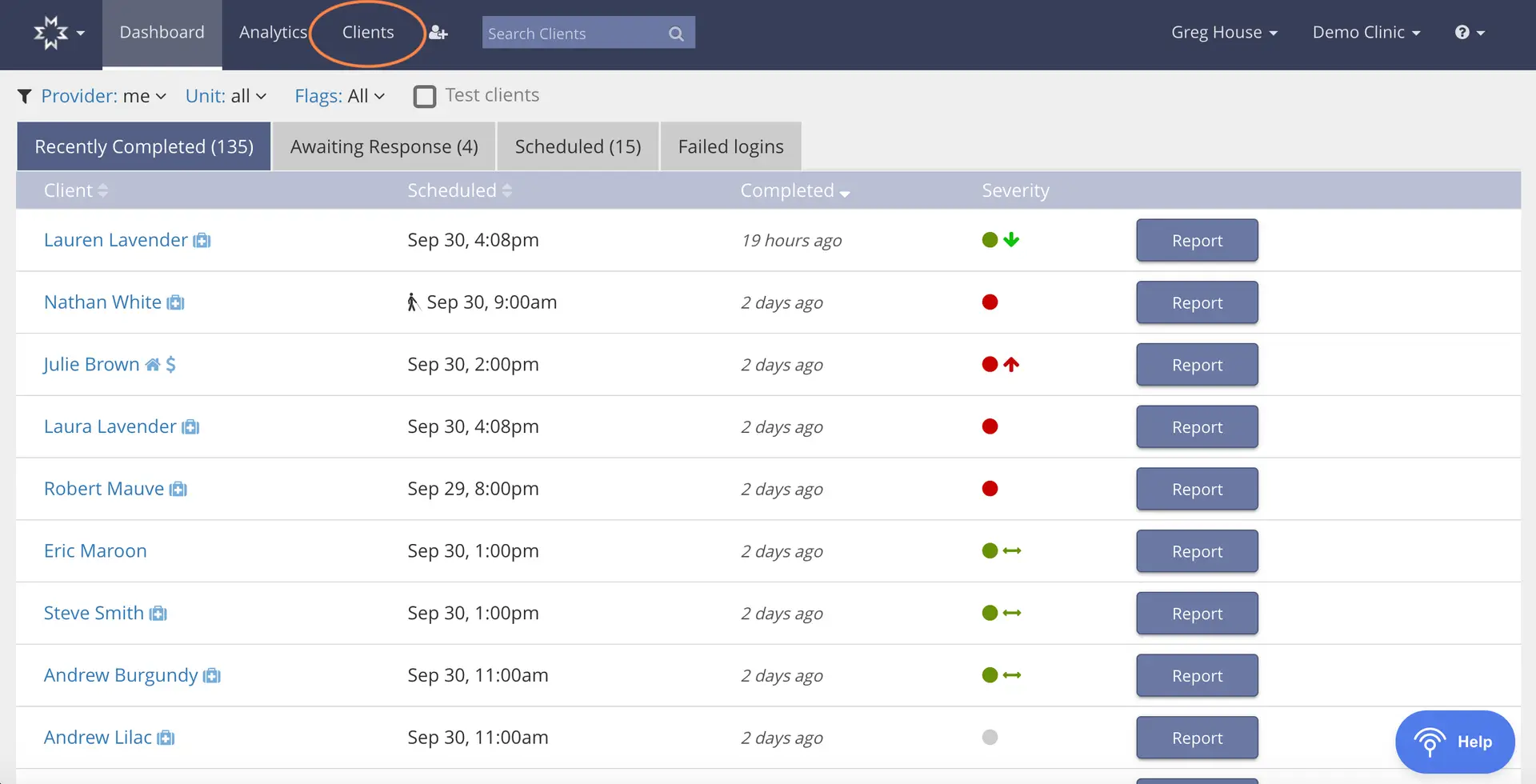 Mirah Measurement-Based Care Clients tab showing client list with scheduled and completed assessments.