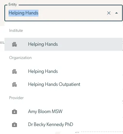 Mirah Measurement-Based Care Outcomes Framework - Entities selection dropdown with 'Helping Hands' typed in the Entity field.