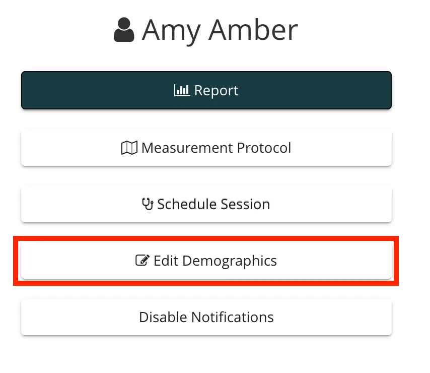 Mirah Measurement-Based Care patient profile page for Amy Amber with options to report, set measurement protocol, schedule session, edit demographics, and disable notifications.