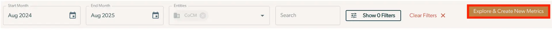 Mirah Measurement-Based Care Outcomes Framework Create a Metric interface with date selection, entity filter, and explore metrics button.