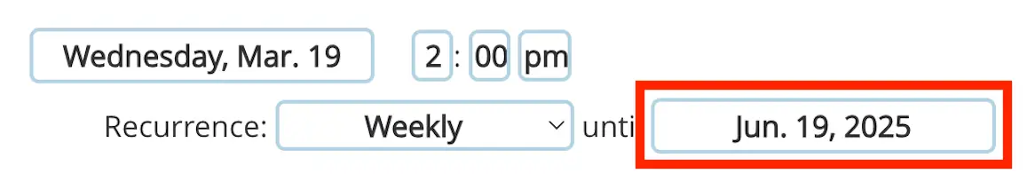 Mirah Measurement-Based Care appointment scheduling interface showing recurring appointment settings for March 19 at 2:00 PM, weekly recurrence until June 19, 2025.