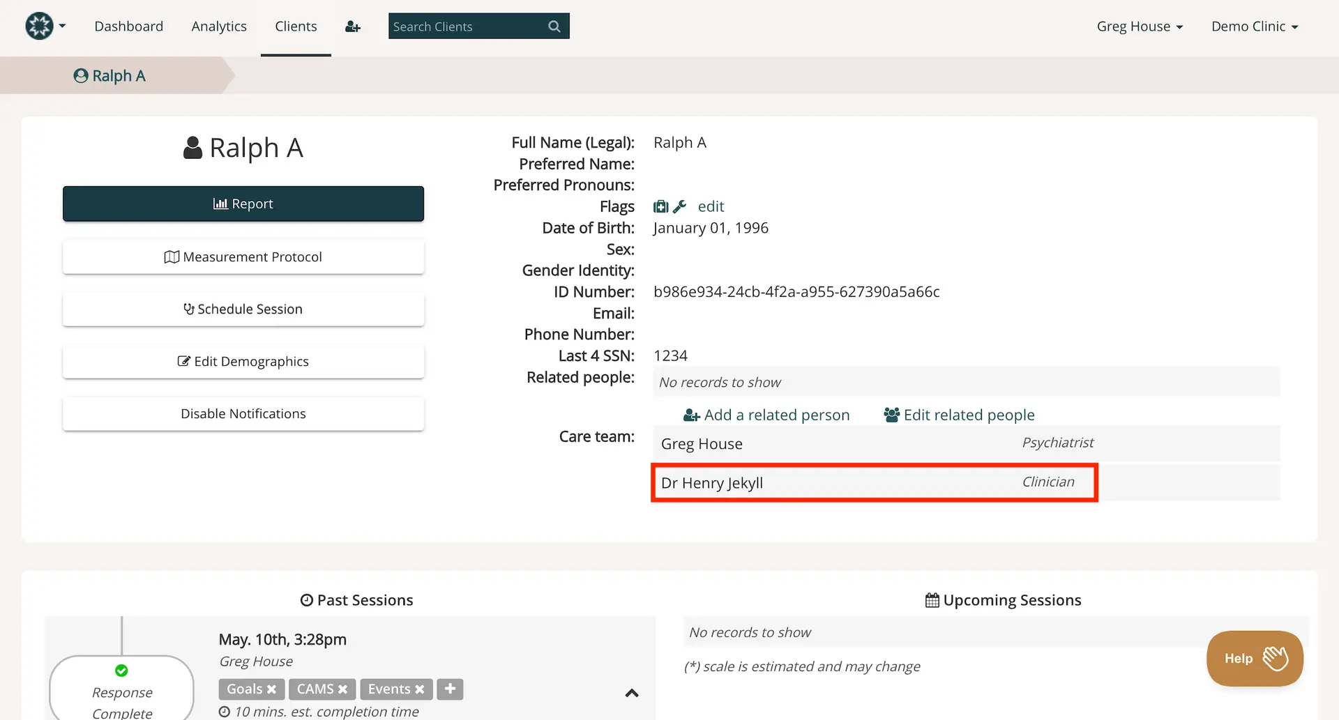 Mirah Measurement-Based Care client profile for Ralph A, showing care team and session details.
