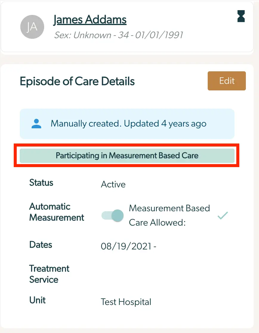 Mirah Measurement-Based Care - Episode of Care Details for James Addams