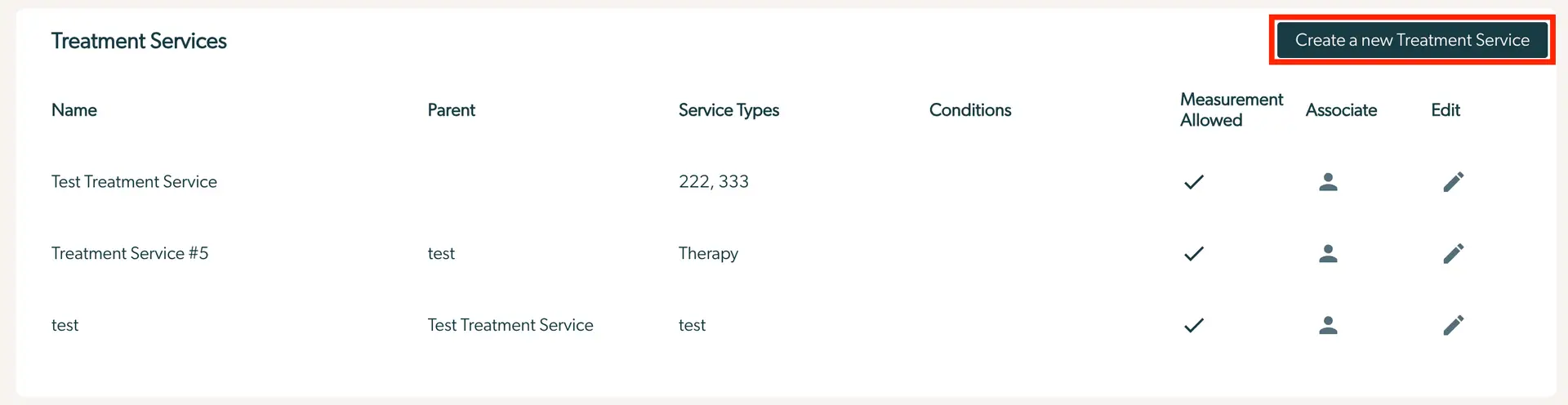 Mirah Measurement-Based Care - Treatment Services page with options to create, associate, and edit treatment services.