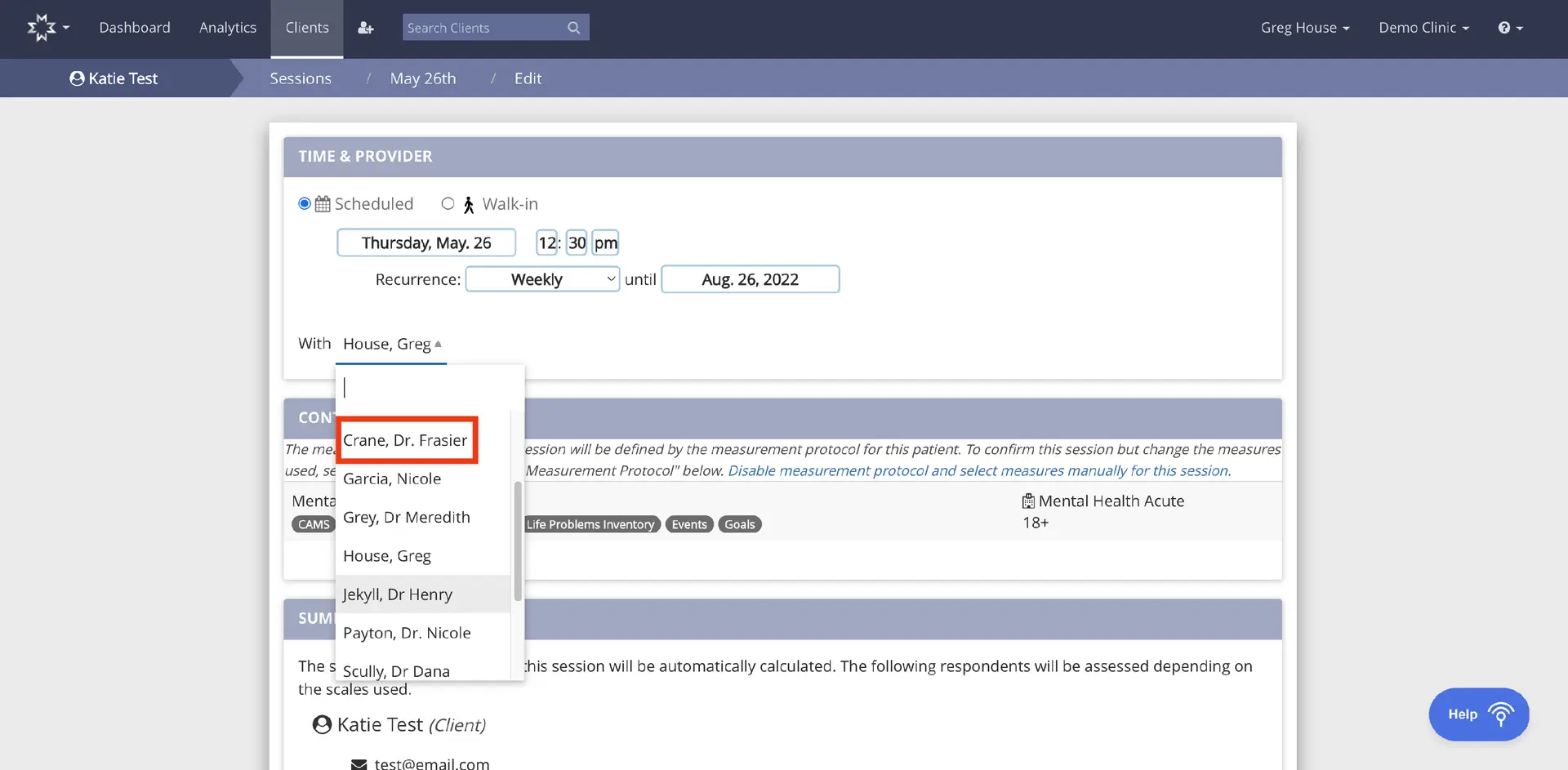 Mirah Measurement-Based Care - Edit Recurring Appointment Series for Katie Test on May 26th