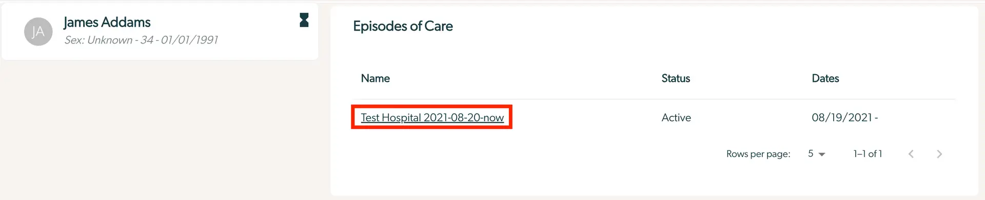 Mirah Measurement-Based Care interface showing James Addams' profile and active episode of care at Test Hospital.