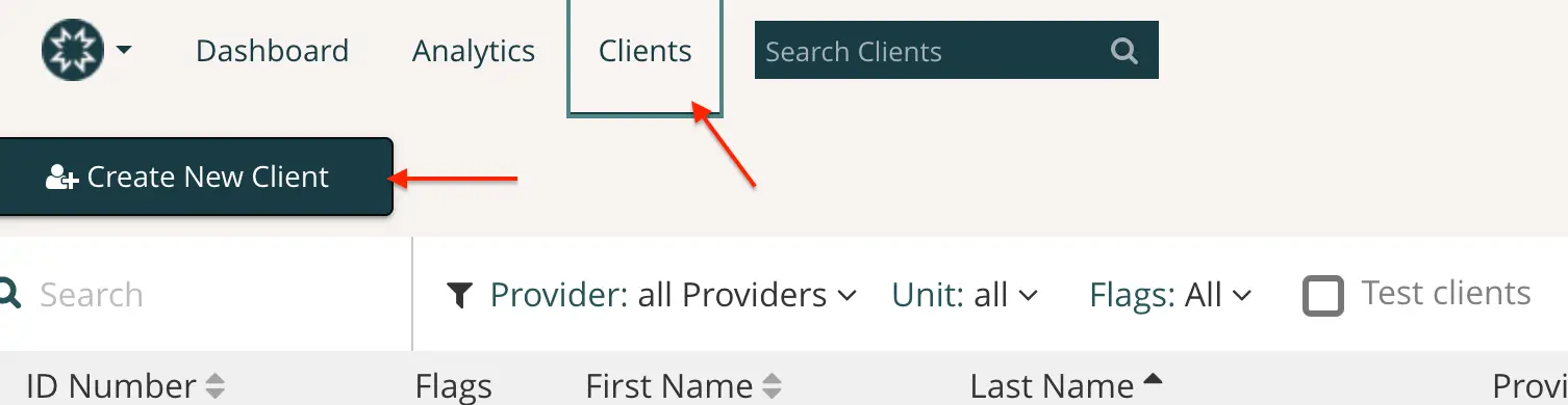 Mirah Measurement-Based Care Clients section with Create New Client button and client search and filter options