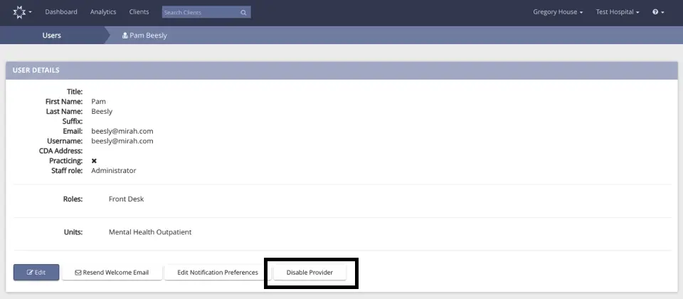 Mirah Measurement-Based Care Users section showing user details for Pam Beesly with options to edit, resend welcome email, edit notification preferences, and disable provider.