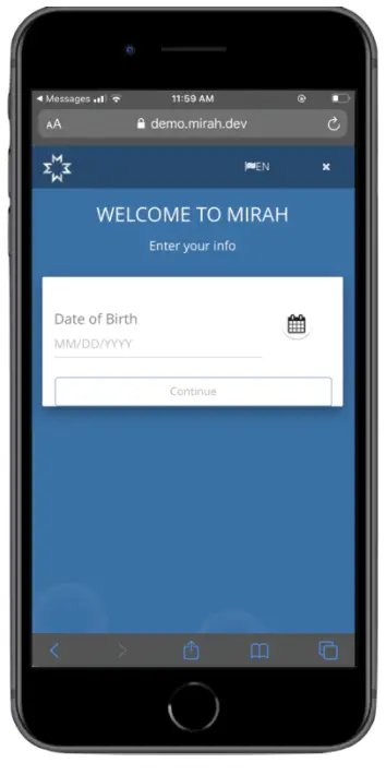Mirah Measurement-Based Care - Welcome to Mirah screen with Date of Birth input field.