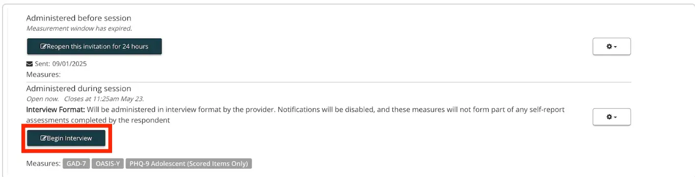Mirah Measurement-Based Care interface for completing a provider-administered measure with a patient, featuring options to reopen an invitation and begin an interview.