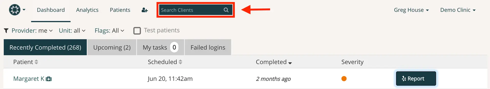 Mirah Measurement-Based Care interface showing clinical feedback report access with search clients bar and patient list.