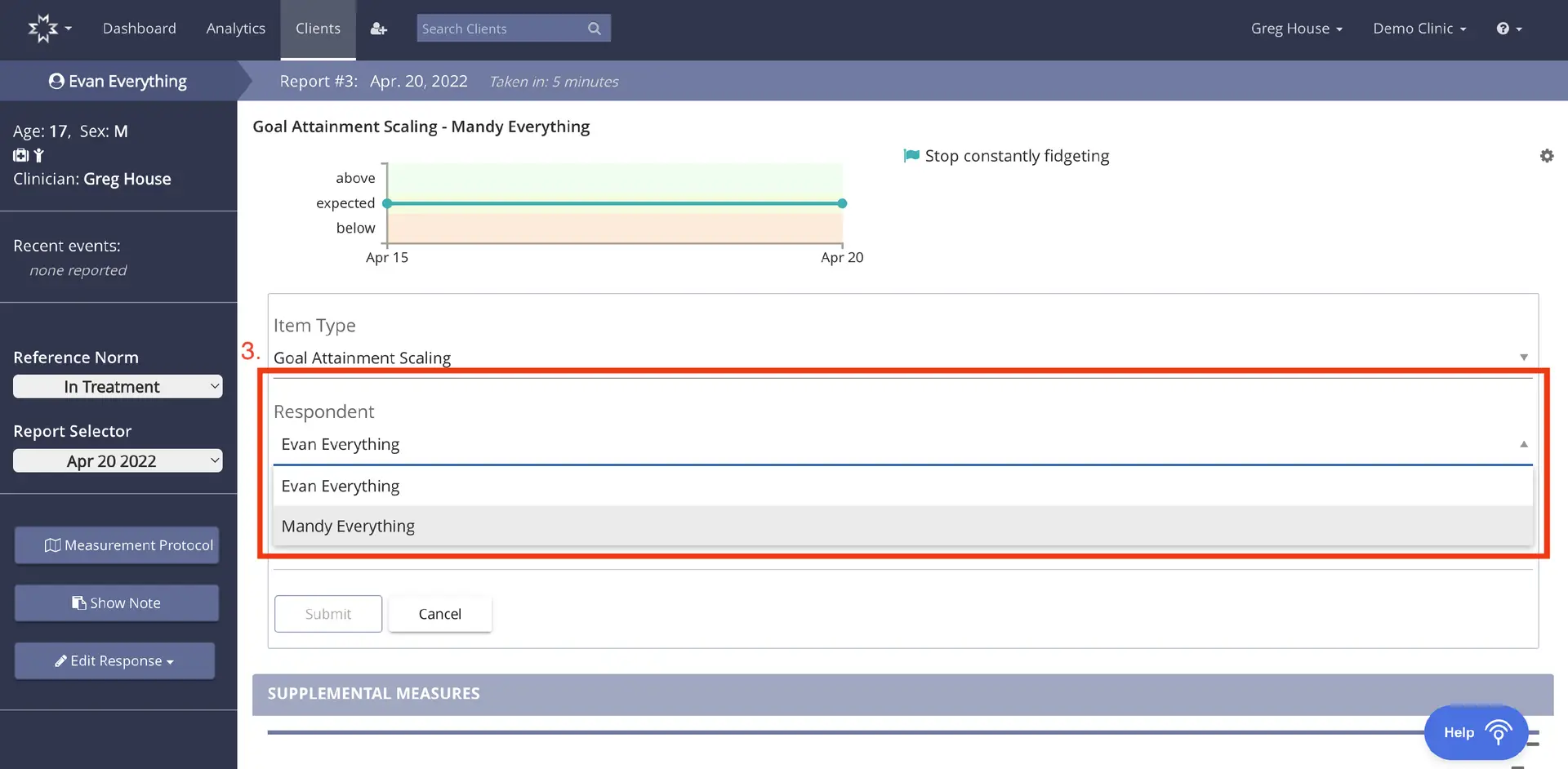 Mirah Measurement-Based Care, Goal Attainment Scaling for Evan Everything, Report #3: Apr. 20, 2022