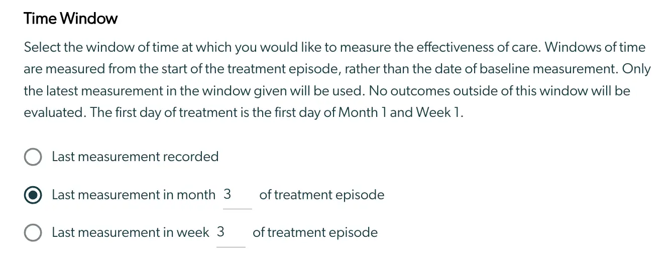 Mirah Measurement-Based Care Outcomes Framework - Time Window selection screen