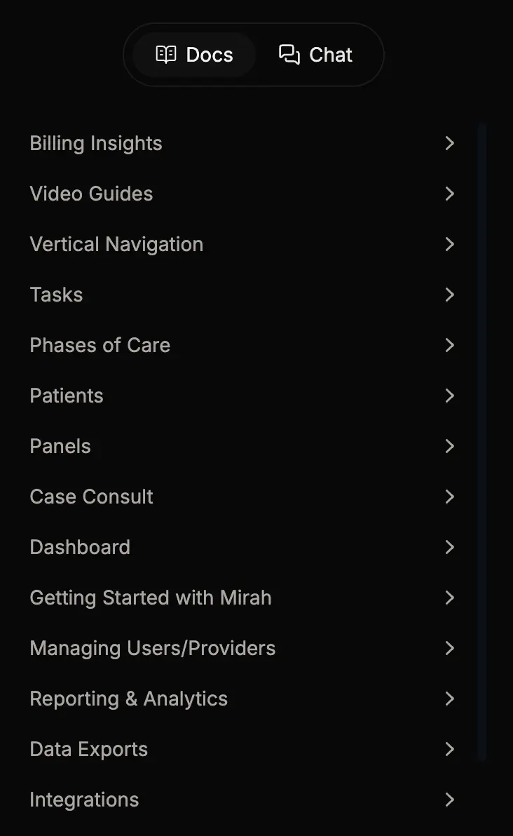 Mirah Measurement-Based Care navigation menu with sections like Billing Insights, Video Guides, and more.
