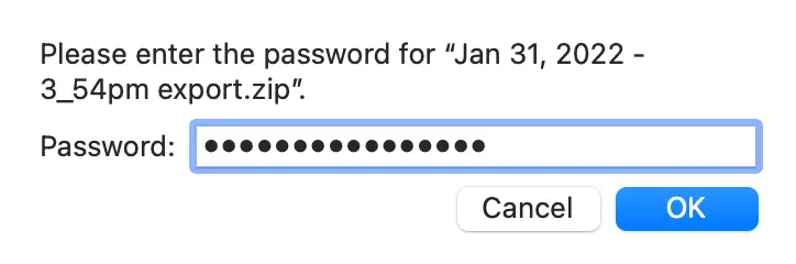 Password entry screen for Jan 31, 2022 export zip file in Mirah Measurement-Based Care data exports feature.