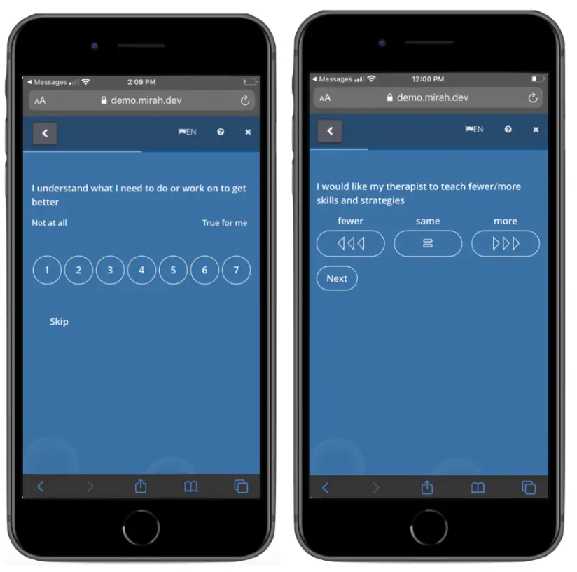 Mirah Measurement-Based Care patient interaction screens showing understanding and therapist skills questions.