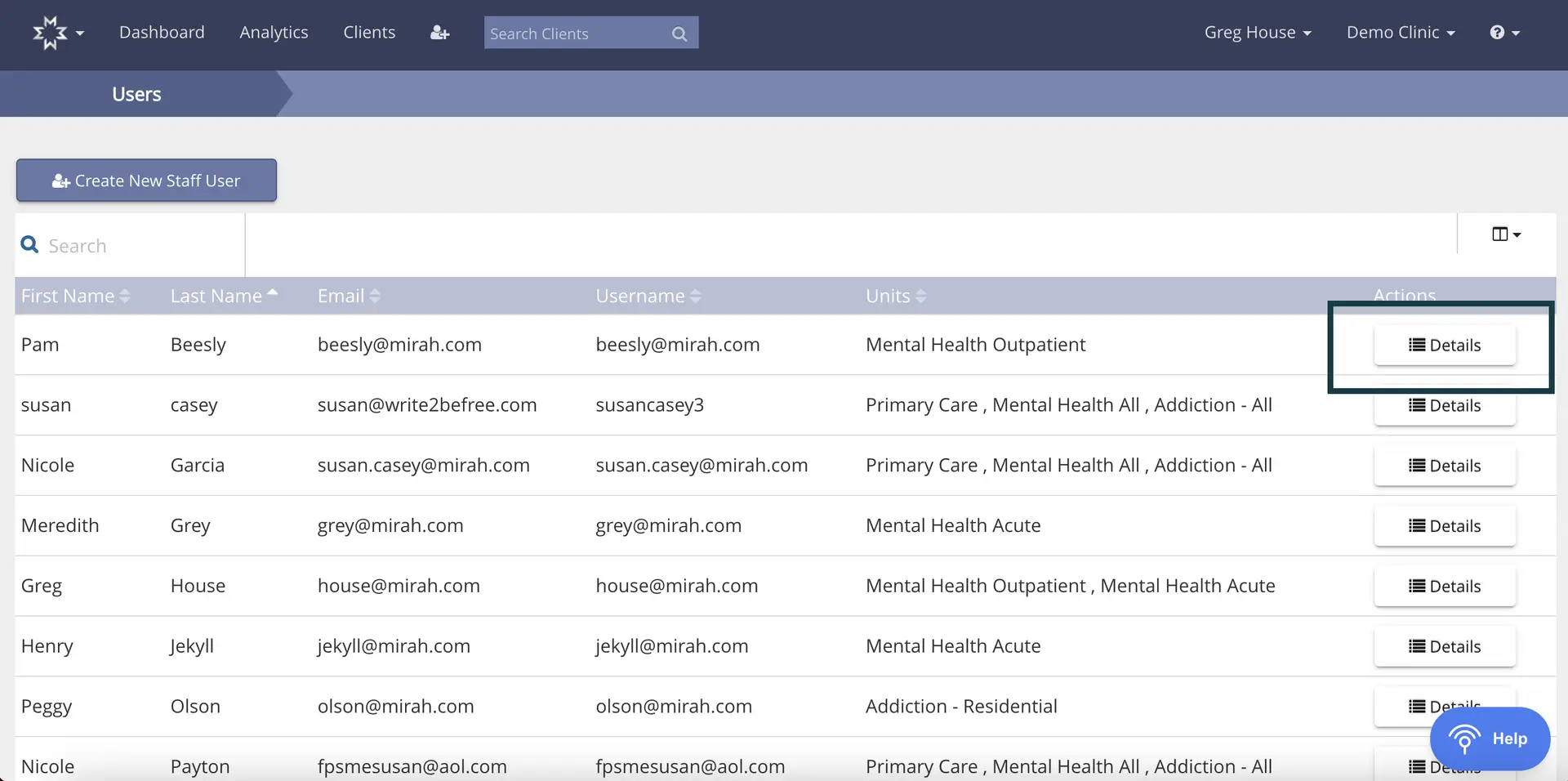 Mirah Measurement-Based Care Users page showing user details and management options.