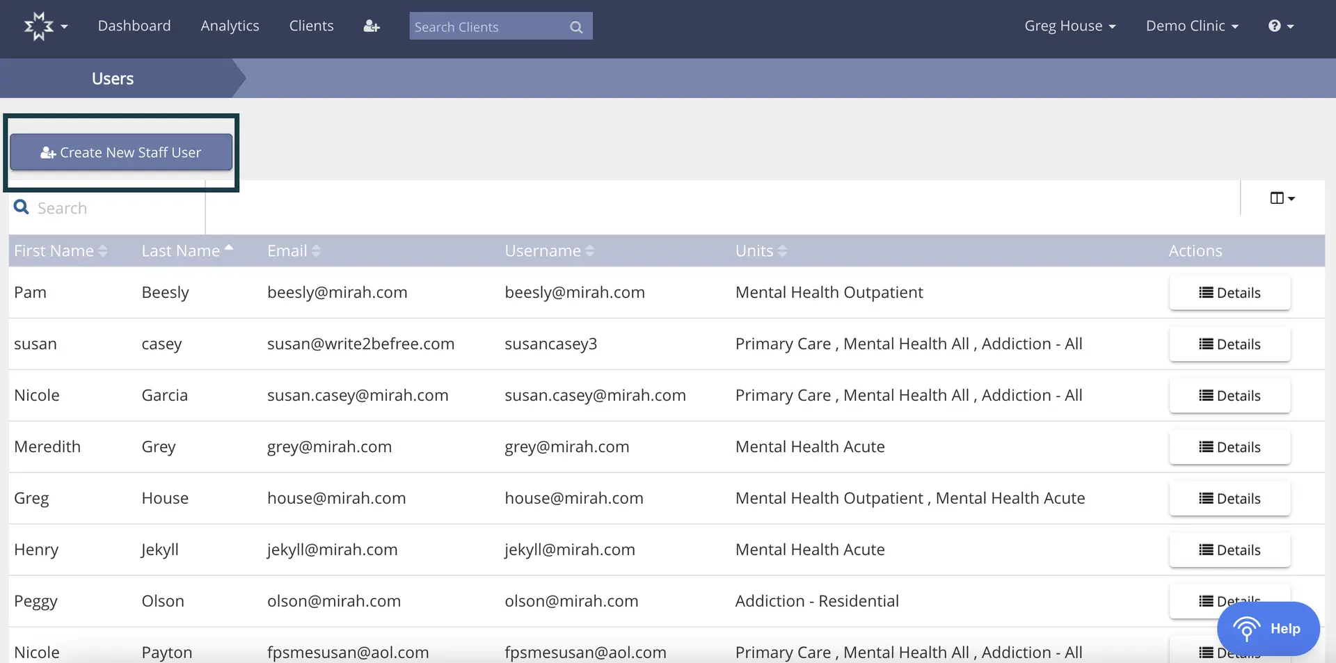 Mirah Measurement-Based Care Users Management Page