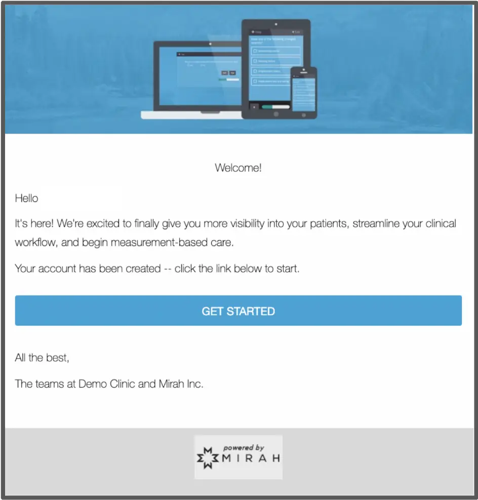 Mirah Measurement-Based Care - Welcome Email for New User Activation