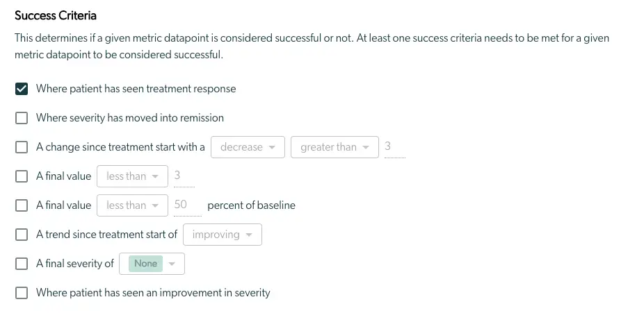 Mirah Measurement-Based Care Reporting & Analytics Success Criteria screen