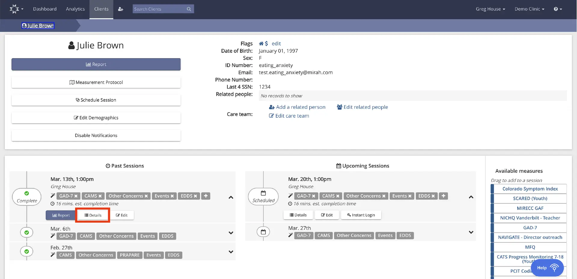 Mirah Measurement-Based Care client profile page for Julie Brown showing past and upcoming sessions with available measures.