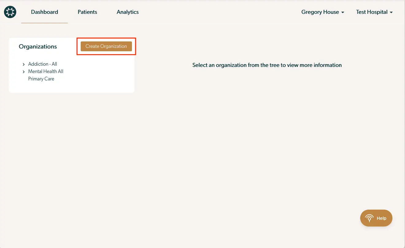 Mirah Measurement-Based Care platform - Organizations section with Create Organization button