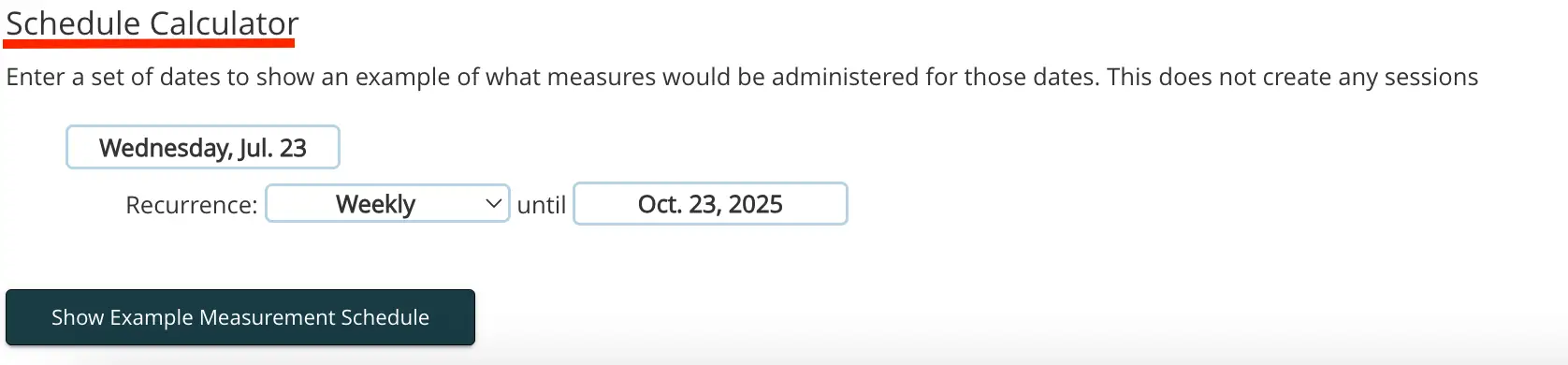 Mirah Measurement-Based Care Schedule Calculator screen showing date and recurrence settings for measurement schedule.