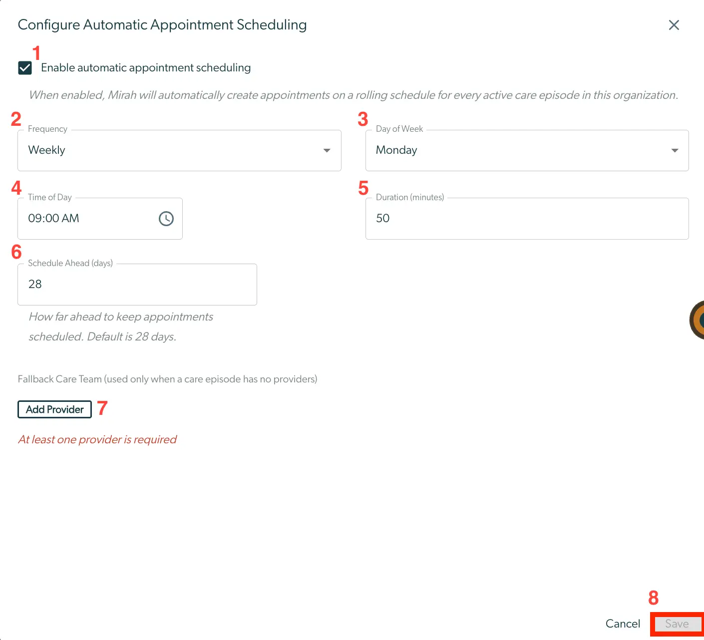 Configure Automatic Appointment Scheduling screen in Mirah Measurement-Based Care