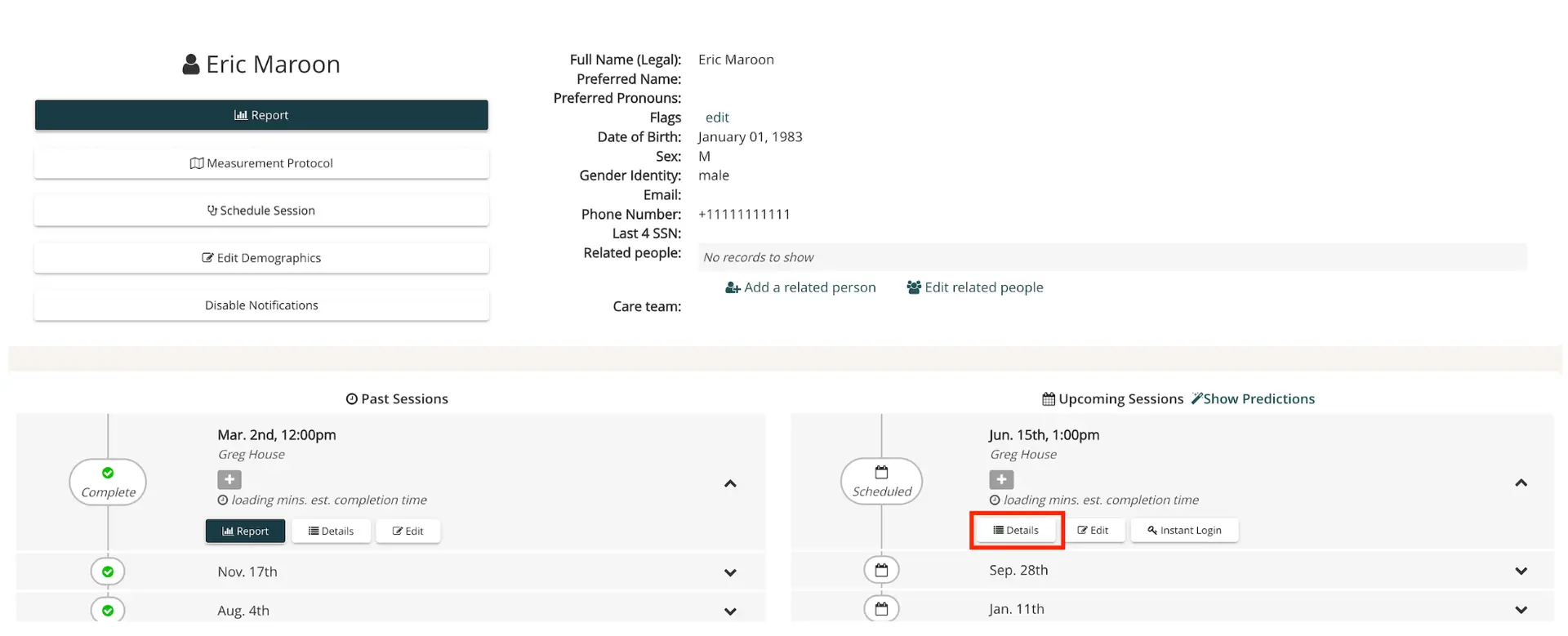 Mirah Measurement-Based Care interface showing patient Eric Maroon's details and session management options.