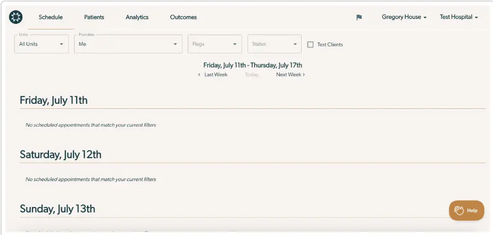 Mirah Measurement-Based Care Schedule View for Gregory House at Test Hospital, showing no appointments from July 11th to July 13th.