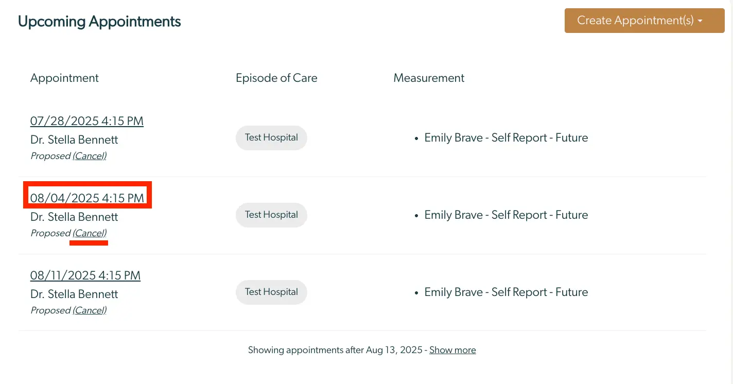 Mirah Measurement-Based Care - Upcoming Appointments screen showing appointments with Dr. Stella Bennett.