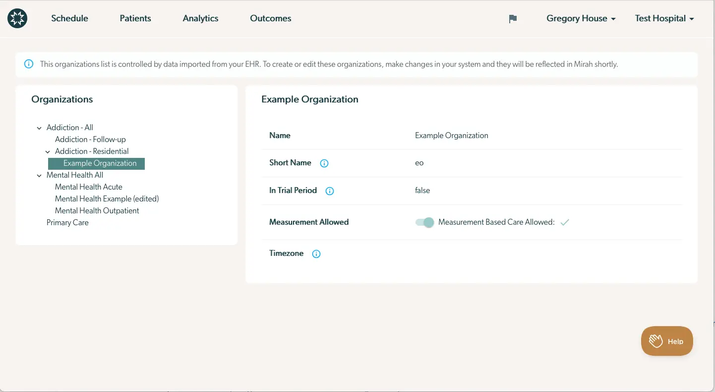Mirah Measurement-Based Care Integration Onboarding Data Quality Checklist screen showing Example Organization details.