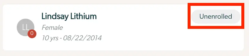 Patient profile card for Lindsay Lithium showing unenrolled status in Mirah Measurement-Based Care.