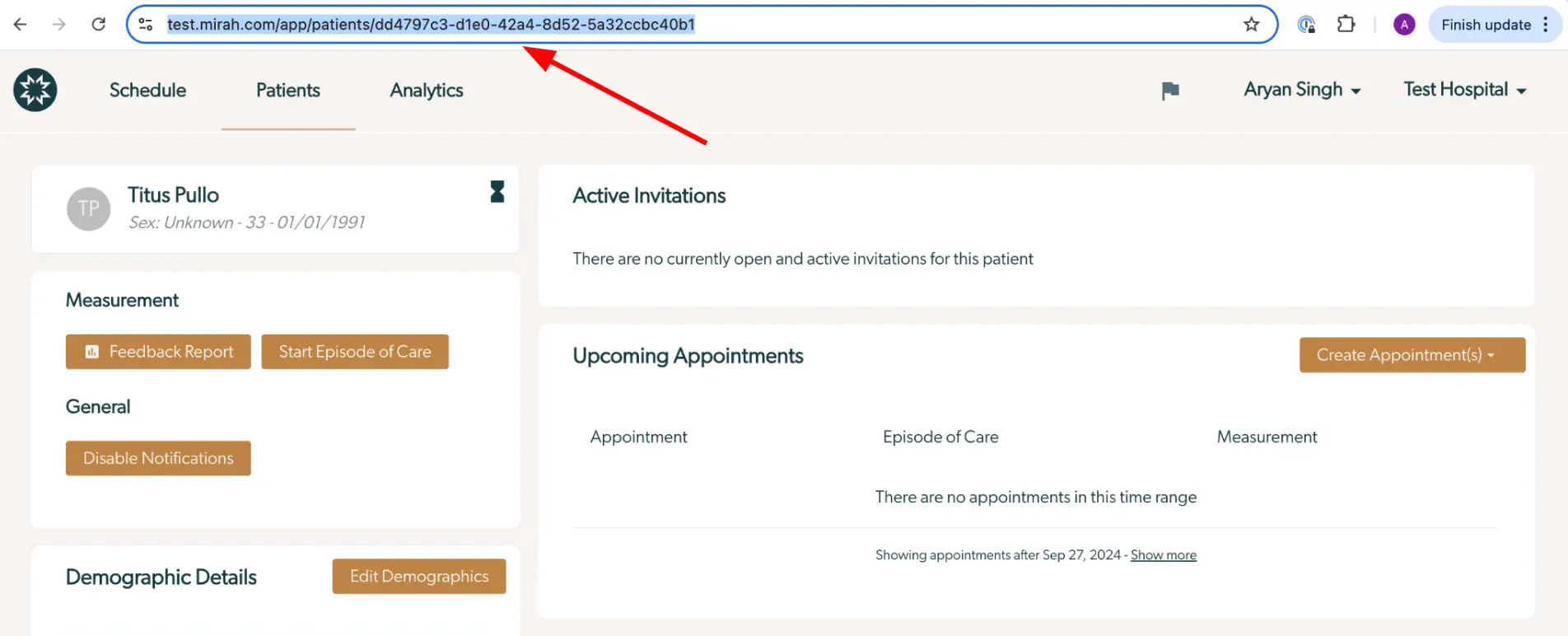 Mirah Measurement-Based Care patient details page for Titus Pullo showing navigation tabs for Schedule, Patients, and Analytics.