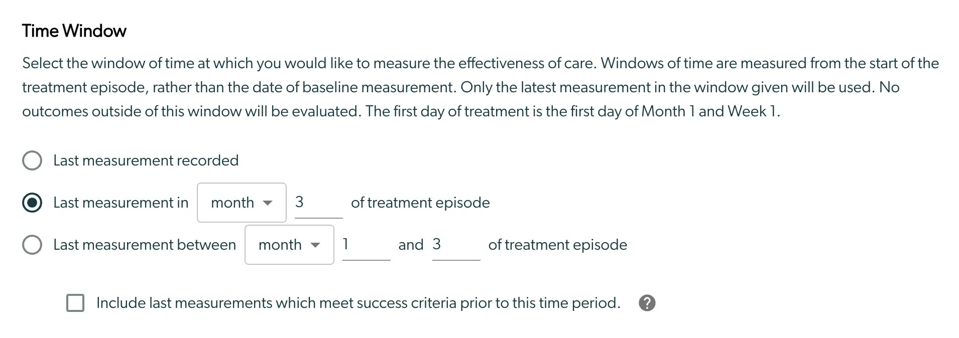 Mirah Measurement-Based Care Outcomes Framework Time Window selection screen.