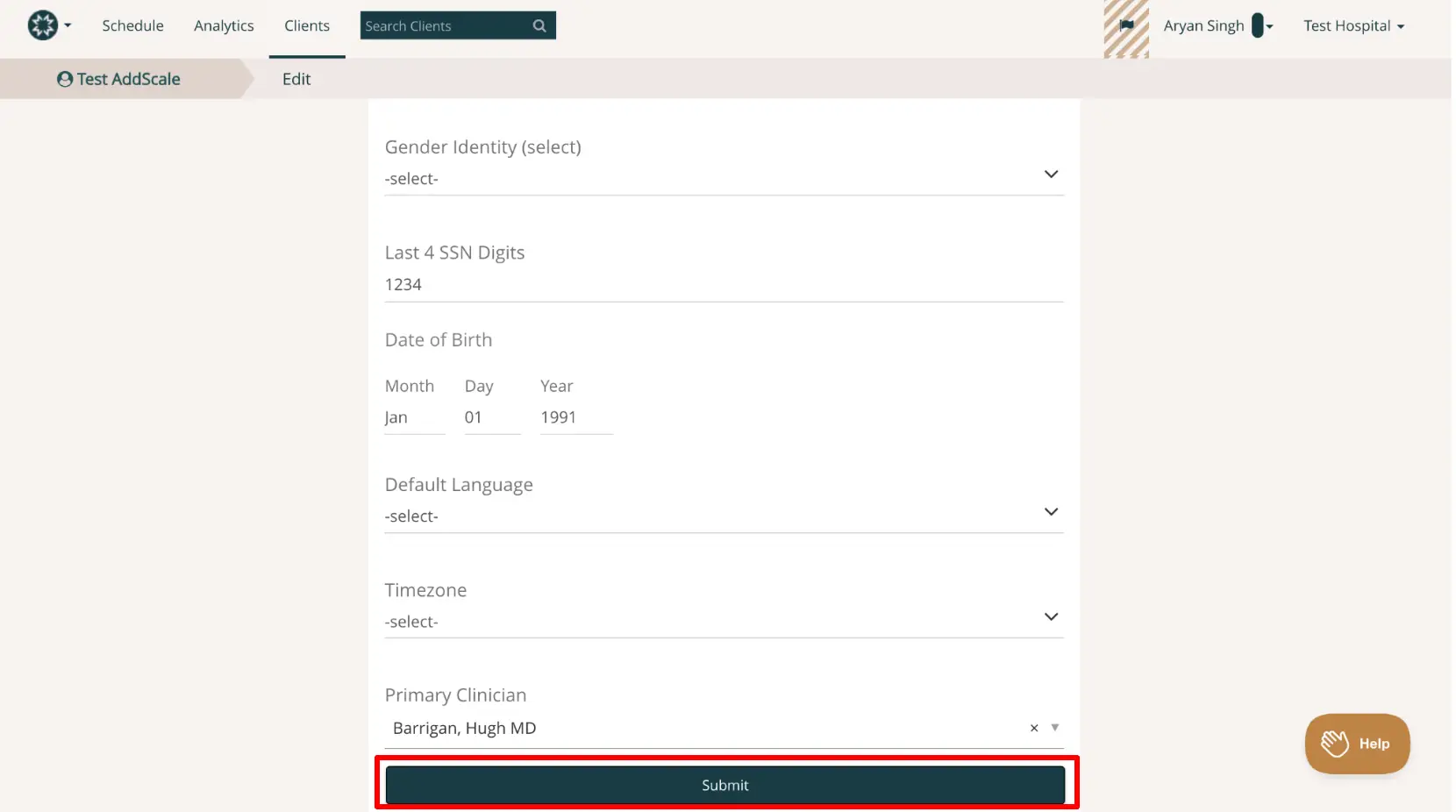 Mirah Measurement-Based Care Edit Patient Demographics page showing fields for Gender Identity, Last 4 SSN Digits, Date of Birth, Default Language, Timezone, and Primary Clinician with a Submit button.