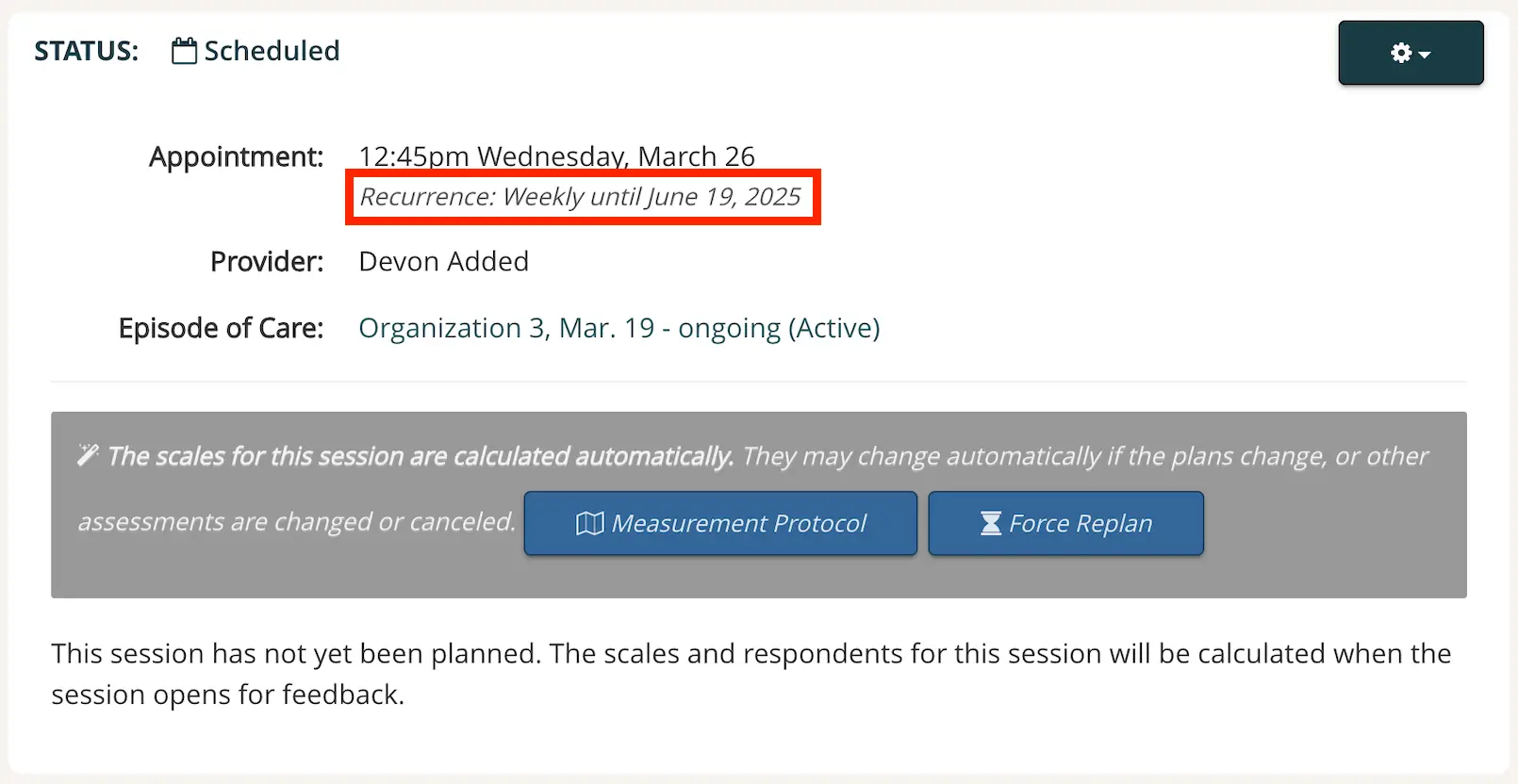 Mirah Measurement-Based Care - Scheduled Appointment Details with Recurrence