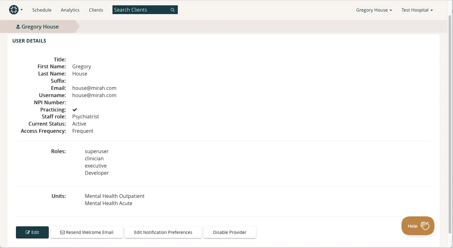 Mirah Measurement-Based Care User Details page for Gregory House