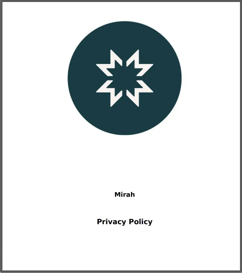 Mirah Privacy Policy page with logo and title centered.