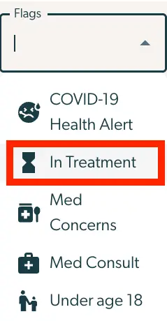 Mirah Measurement-Based Care Flags dropdown menu showing COVID-19 Health Alert, In Treatment, Med Concerns, Med Consult, Under age 18 options.