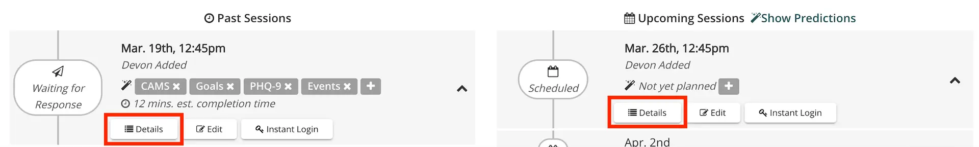 Mirah Measurement-Based Care appointment management screen showing past and upcoming sessions with options to view details, edit, and instant login.