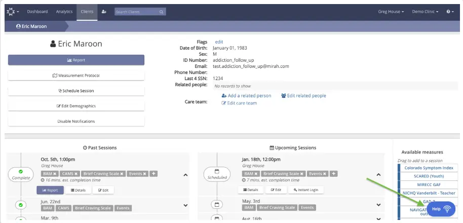 Mirah Measurement-Based Care client profile page for Eric Maroon showing past and upcoming sessions, client details, and available measures.